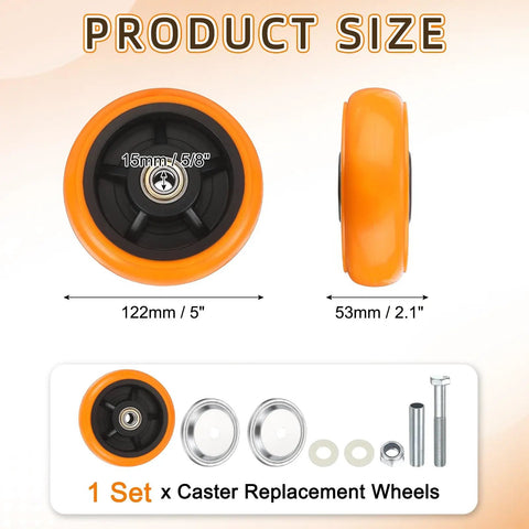 Heavy Duty 6 Inch Caster Wheels Replacement Kit Featuring Smooth Rolling Swivel Action With Complete Hardware Set, profile and size details.