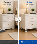 Comparison image showing Real Smooth Roll 3 Inch Stem Caster Wheels With M12 Mount and Whisper Quiet Rubber Treads on a nightstand.