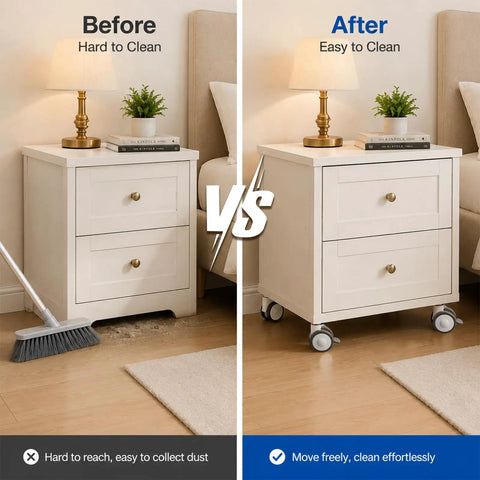 Comparison image showing Real Smooth Roll 3 Inch Stem Caster Wheels With M12 Mount and Whisper Quiet Rubber Treads on a nightstand.