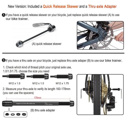 All Weather Indoor Bike Trainer Stand with quick release skewer and thru-axle adapter setup instructions