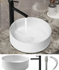 Ceramic Vessel Sink Set 14.4 Inch Round Matte White Above Counter Basin With Faucet And Pop Up Drain Modern Bathroom Vanity Bowl No Fuss Install Durable Finish Water Saving Design