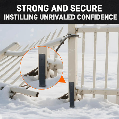 2 Pack Heavy Duty Fence Post Repair Stakes 31.6 Inches High Anchors installed in snowy outdoor setting for 4x4 and 6x6 wood posts