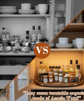 Comparison of cluttered kitchen storage vs Rock Solid 20 Inch Wood Lazy Susan For Kitchen Counter Slick Acacia Turntable Serving Tray.