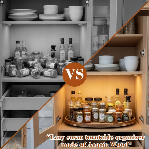 Comparison of cluttered kitchen storage vs Rock Solid 20 Inch Wood Lazy Susan For Kitchen Counter Slick Acacia Turntable Serving Tray.