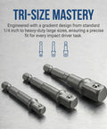 Heavy Duty Impact Socket Adapter Set For Impact Drivers And Drills Three Piece Conversion Kit displayed on metal surface