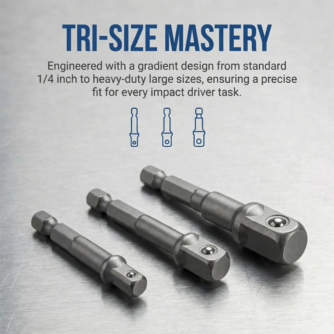 Heavy Duty Impact Socket Adapter Set For Impact Drivers And Drills Three Piece Conversion Kit displayed on metal surface