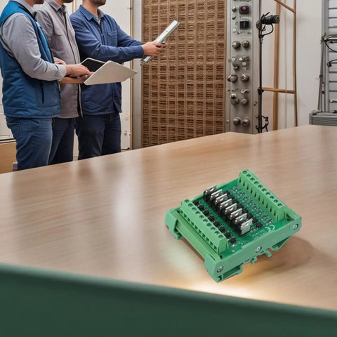 8 Channel Optocoupler Isolator Module For PLC DC Output Board on table with engineers in background