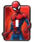Spider Man Embossed Metal Light Switch Plate Decor For Bedroom And Man Cave Licensed Marvel Gear Durable Embossed Wall Switch Cover With Dope Hero Artwork featuring Spider-Man in red and blue on a red background.