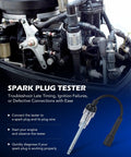 Spark plug tester connected to an automobile engine in the engine bay; handheld diagnostic probe with a black cable.