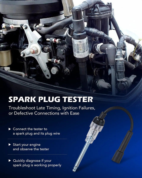 Spark plug tester connected to an automobile engine in the engine bay; handheld diagnostic probe with a black cable.