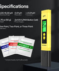 Digital pH Meter Pen Type 0.01 pH High Accuracy Tester For Hydroponics Home Drinking Water Pools And Aquariums Pocket Size Backlit LCD UL Certified Fast Calibration Ultra Portable with specifications shown and buffer powders.