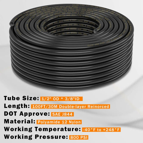 Coiled Road Ready Premium PA12 Nylon DOT Air Line 100 Foot One Half Inch OD Pneumatic Tubing SAE J844 for industrial use.