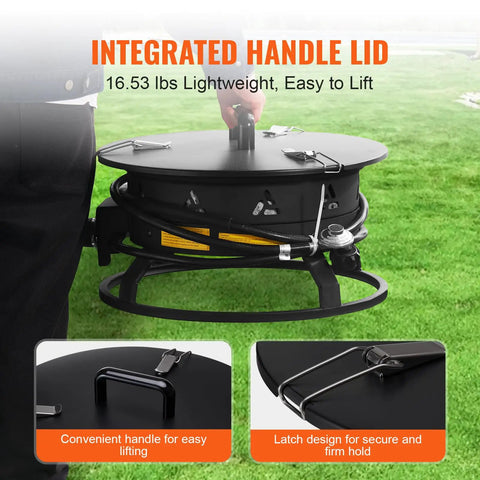 Integrated handle lid of Propane Fire Pit 19 Inch Portable Outdoor Gas Fire Pit Includes Cover Lava Rocks, smoke-free