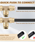 One Quarter Inch Quick Push to Connect Brass Union Tee Fittings showing connection process for air brake systems