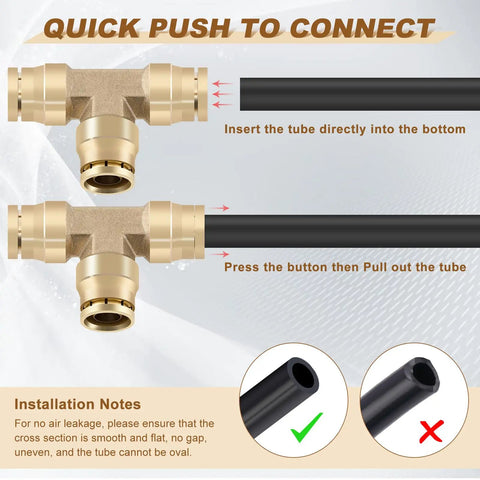 One Quarter Inch Quick Push to Connect Brass Union Tee Fittings showing connection process for air brake systems