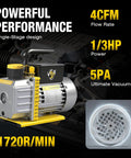 Front view: vacuum pump, 4 CFM, 110V, 1/3 HP, A2L single-stage rotary vane; includes oil bottle