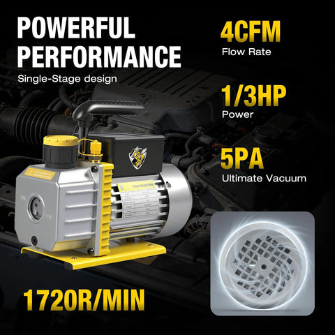 Front view: vacuum pump, 4 CFM, 110V, 1/3 HP, A2L single-stage rotary vane; includes oil bottle