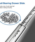 Close-up of Beefy 22 Inch Heavy Duty Drawer Slide With Lock For Side Mount Cabinets, ball bearing detail for smooth operation.