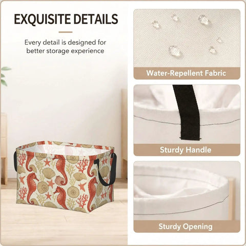 Premium Rectangular Storage Basket For Home Organization Waterproof Fabric Bin With Bold Print Design showcasing water-repellent fabric and sturdy handle.