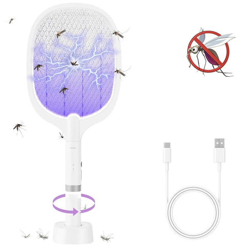 Reusable Electric Fly Swatter Racket Featuring 4000V Bug Zapper With Rechargeable Battery And Dual Mode Design For Killing Mosquitoes And Pests In Your Home with USB charger.