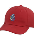 Classic Red Baseball Hat For Machinists And Tool Guys With Cool Vise Gauge Square Design Prints, side view showing adjustable fit.