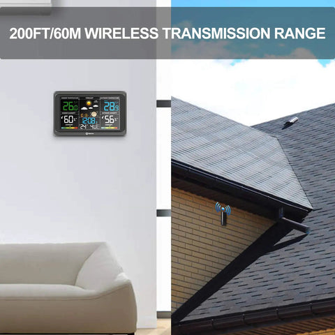 Wireless Outdoor Remote Sensor for 208665 Weather Station installed on building wall, illustrating 200ft range transmission.