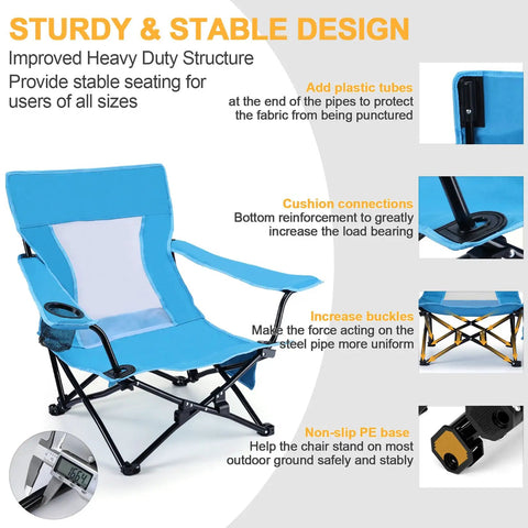 Heavy Duty Folding Beach Chair Set, 2 Pack For Outdoors, Adults with sturdy steel frame and blue fabric, detailed design features.