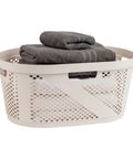 40 Liter Laundry Basket With Lightweight Plastic Build Ivory Wicker-Look Hamper For Clothes holding gray towels