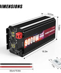 Beast Mode 5000 Watt Power Inverter With Four AC Outlets And Wireless Remote showing unit dimensions and included remote.