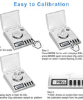 Digital Milligram Scale for ultra precise 50g capacity with 0.001g steps, spot on accuracy, tare function, auto off, six weighing units including g, oz, ozt, dwt, ct, gn, plus handy accessories for powder and lab use. Calibration steps on stainless steel scale with flip cover and 20g weights.