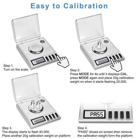Digital Milligram Scale for ultra precise 50g capacity with 0.001g steps, spot on accuracy, tare function, auto off, six weighing units including g, oz, ozt, dwt, ct, gn, plus handy accessories for powder and lab use. Calibration steps on stainless steel scale with flip cover and 20g weights.