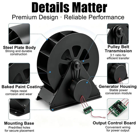 Micro Hydro Generator System With Low Speed Water Wheel Turbine Portable Power Unit For Outdoor Streams Ponds And Rural Water Sites Delivers About 100W Output Through Efficient Belt Drive Hydroelectric Power For Off Grid Camping And RV Living compact design details, including steel plate body, pulley belt, and output control board.