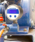 Budget Friendly Digital Pressure Gauge With 2.5 Inch Blue Backlit LCD 0 To 200 PSI All Stainless Steel Case One Quarter Inch NPT Connection One Percent Accuracy For Precise Readouts In Harsh Environments displaying 200 PSI.