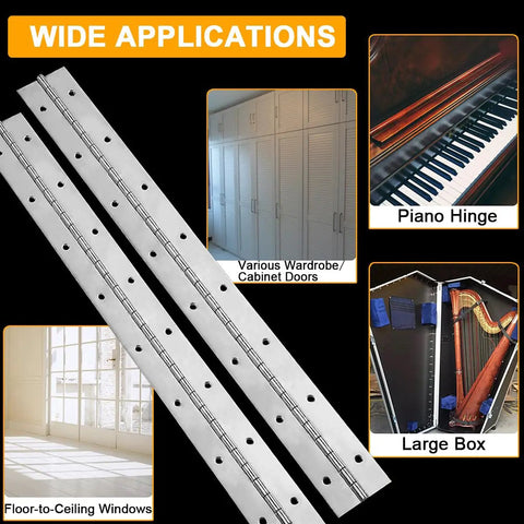 Built Like A Tank 16 Inch Piano Hinges 4 Pack Heavy Duty 304 Stainless Steel Cabinet Hardware With Pre Drilled Holes, shown with applications.