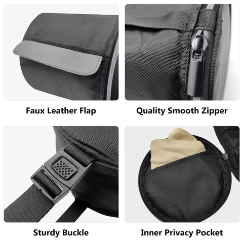 Waterproof Hanging Toilet Paper Holder Cat Proof Roll Case Storage Bag with flap, zipper, buckle, and pocket details