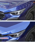 Comparison of Subaru Crosstrek Front Headlight Eyebrow Trim Strips Eyelids before and after installation for 2024 2025 model.