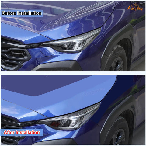 Comparison of Subaru Crosstrek Front Headlight Eyebrow Trim Strips Eyelids before and after installation for 2024 2025 model.