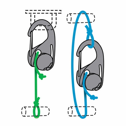 Diagram showing CamJam Cord Tightener 4 Pack Easy Knot Free Rope Tensioner with carabiner clip and cord setup instructions.