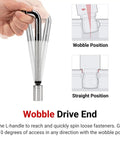 Hand demonstrating Three Eighth Inch Drive Six Inch Wobble L Handle Socket Wrench Heavy Duty High Torque Tool with wobble drive end