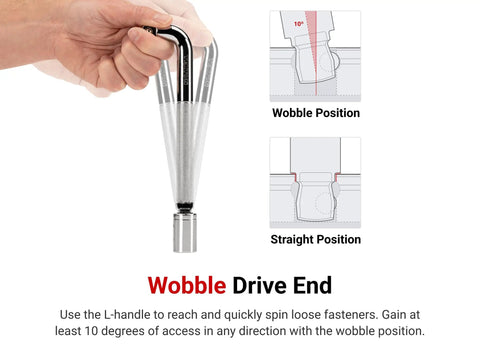 Hand demonstrating Three Eighth Inch Drive Six Inch Wobble L Handle Socket Wrench Heavy Duty High Torque Tool with wobble drive end