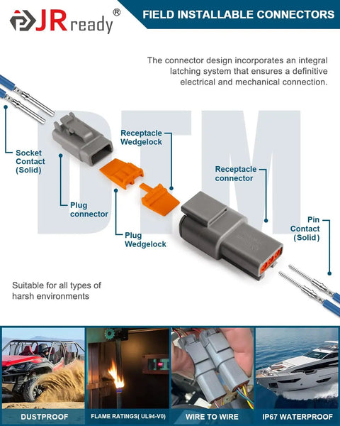 Deutsch DTM 3 Pin Connectors Kit Waterproof Electrical Wire Connectors For 20 To 22 AWG With Size 20 Solid Contacts diagram