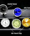 Various car dashboard thermometers with metal and ABS bases, air vent clips, and night light feature in assorted colors.