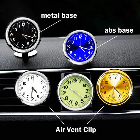 Various car dashboard thermometers with metal and ABS bases, air vent clips, and night light feature in assorted colors.