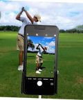 Hands Free Golf Phone Holder Clip For Golf Carts And Clubs With 360 Degree Rotating Swing Cam Mount capturing golfer's swing