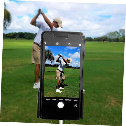 Hands Free Golf Phone Holder Clip For Golf Carts And Clubs With 360 Degree Rotating Swing Cam Mount capturing golfer's swing