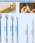 Bend twisting tools and double ball caulking tool from the 23 Piece Metal Puzzle Tool Kit For Model Building with measurements shown