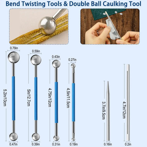 Bend twisting tools and double ball caulking tool from the 23 Piece Metal Puzzle Tool Kit For Model Building with measurements shown