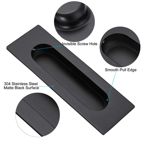 4.72 Inch Matte Black Recessed Finger Flush Cabinet Pulls By Malimali, stainless steel sliding cupboard door handles, close-up view.