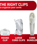 Damage Free Round Cord Clips Set With 13 Clear Clips And 16 Strips for cable management and mounting, showing product design.