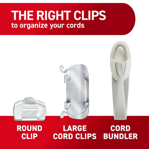 Damage Free Round Cord Clips Set With 13 Clear Clips And 16 Strips for cable management and mounting, showing product design.